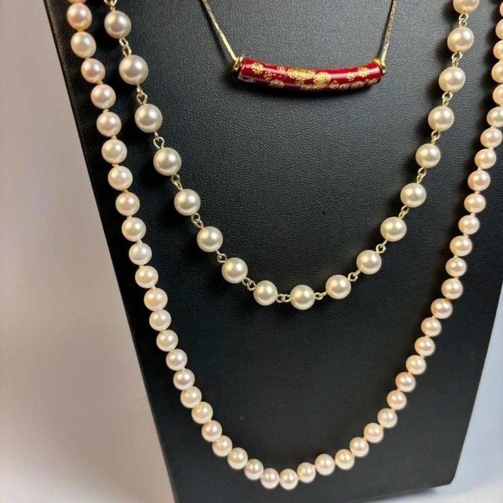 Glam Necklace Lot Vintage Enamel‎ Pearl Gold Tone Metal